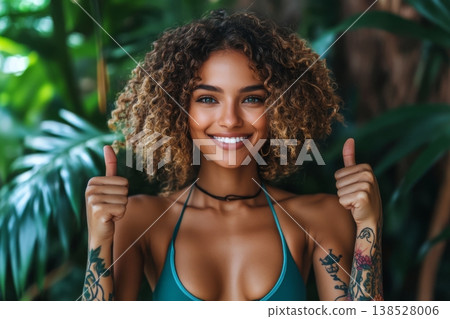 Smiling woman with curly hair in a bikini top gives two thumbs up, with tattoos on her arms and tropical foliage in the background 138528006