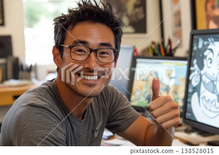Smiling man with glasses giving thumbs up at desk with computer showing cartoon drawing in studio with art supplies in background 138528015