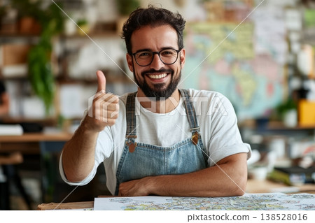Smiling bearded man with glasses in apron gives thumbs up while leaning on desk with paper map in cozy workspace 138528016