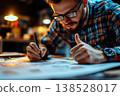 Man with glasses drawing on paper at desk under warm light, shallow focus, thumb up gesture 138528017