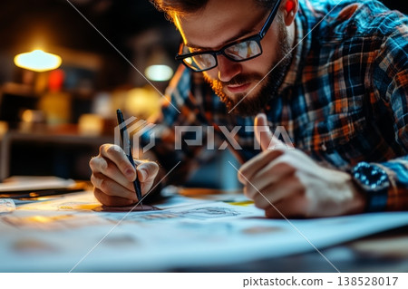 Man with glasses drawing on paper at desk under warm light, shallow focus, thumb up gesture 138528017