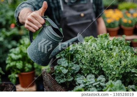 Person watering leafy plants with a metal watering can in a garden center, giving a thumbs-up 138528019