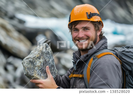 Smiling climber in orange helmet holding a rock, wearing backpack and jacket in snowy mountain setting 138528020