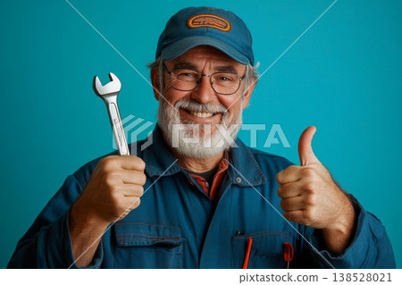 Smiling senior mechanic in uniform and cap, holding a wrench and giving thumbs up on blue background 138528021