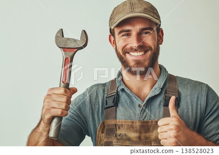 Smiling repairman in cap and overall holding wrench and showing thumbs up on light background 138528023