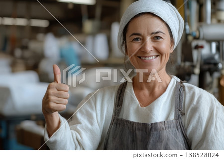 Smiling female worker in apron and headscarf giving thumbs up in a factory interior 138528024