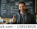Smiling man in hoodie giving thumbs up in front of chalkboard with blurred writing 138528026