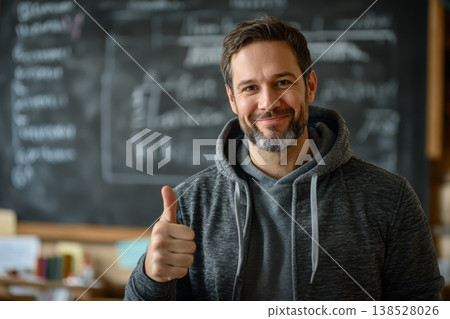 Smiling man in hoodie giving thumbs up in front of chalkboard with blurred writing 138528026
