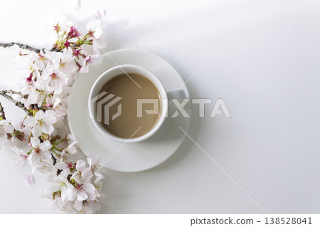Spring tea time with cherry blossoms and café au lait (copy space material on a white background) Spring tea time with cherry blossoms and café au lait (copy space material on a white background) 138528041