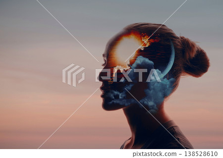 Circadian rhythm and human biorhythms concept. Day and night sleep and wake. Sun and moon in female head. Mental health and insomnia. Circadian rhythm and human biorhythms concept. Day and night sleep and wake. Sun and moon in female head. Mental health and insomnia. 138528610
