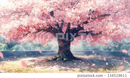 A beautiful cherry tree with petals fluttering about, watercolor illustration. A beautiful cherry tree with petals fluttering about, watercolor illustration. 138528611