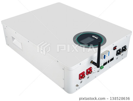 Home battery for storing energy from solar panels, on a white background with a drop background Home battery for storing energy from solar panels, on a white background with a drop background 138528636