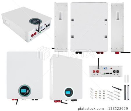 Backup battery for a home solar power system, on a white background with a drop Backup battery for a home solar power system, on a white background with a drop 138528639