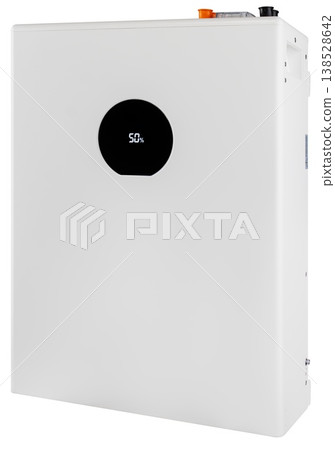 Backup battery for a home solar power system, on a white background with a drop 138528642