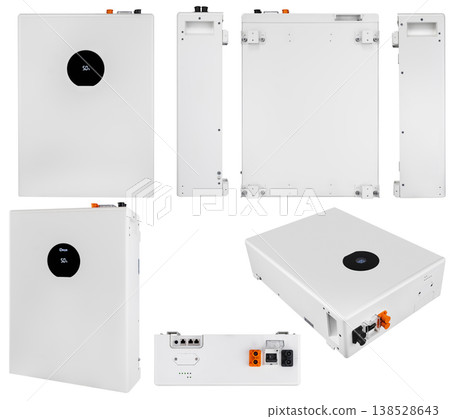Battery for off-grid power supply for houses and flats, on a white background with a drop Battery for off-grid power supply for houses and flats, on a white background with a drop 138528643