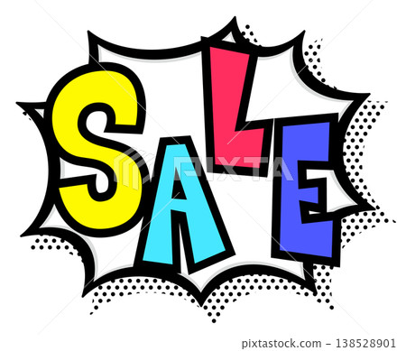 A pop art speech bubble with colorful SALE text and thick black lines, featuring spiky shapes. Perfect for announcing bargain sales. 138528901