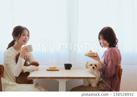 Two women enjoying a cafe time with their Toy Poodle and Maltese: A lifestyle of living with pets Two women enjoying a cafe time with their Toy Poodle and Maltese: A lifestyle of living with pets 138528932