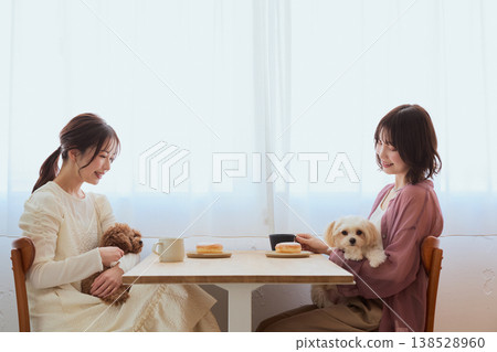 Two women enjoying a cafe time with their Toy Poodle and Maltese: A lifestyle of living with pets 138528960