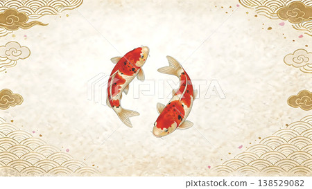 A circular design background featuring koi carp swimming against a backdrop of washi paper and a seigai pattern, offering a luxurious Japanese aesthetic (with space for copying). 138529082