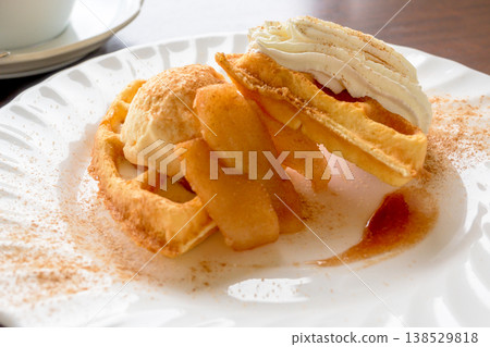 Waffle dessert plate with apple and ice cream Waffle dessert plate with apple and ice cream 138529818