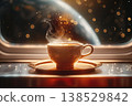 Surreal 3D render of steaming coffee cup on spaceship window sill with Earth view from orbit, cinematic golden hour lighting, futuristic space tourism Cosmic trip This is AI-generated item 138529842