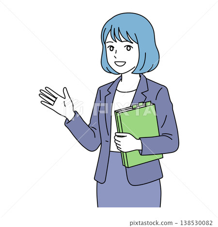 向量圖，描繪了一位女商務人士一邊拿著文件一邊解釋事情。 138530082