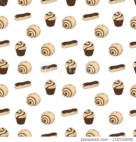 Bakery seamless pattern with chocolate eclairs and cupcakes on white vector illustration. 138530098