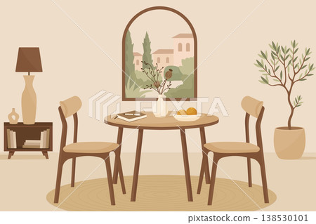 Japandi style dining room interior with wooden furniture and window view vector illustration. 138530101
