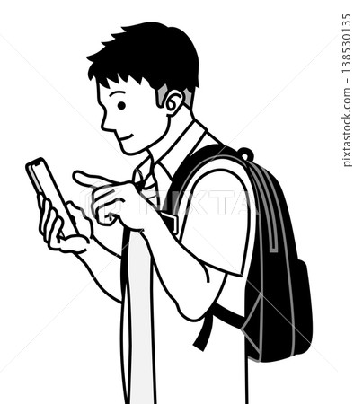 A young man operating a smartphone with both hands, viewed from the side, upper body only, wearing a backpack and short sleeves. Line art clipart. A young man operating a smartphone with both hands, viewed from the side, upper body only, wearing a backpack and short sleeves. Line art clipart. 138530135