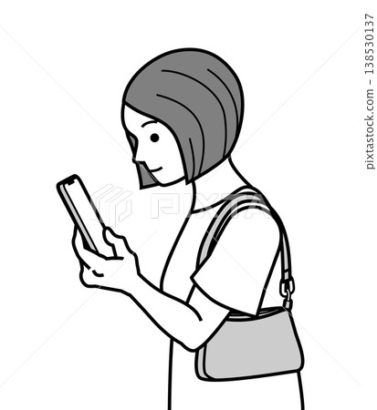 Young woman operating a smartphone with one hand, side view, upper body, shoulder bag, line drawing clipart. 138530137