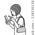 年輕女子雙手操作智慧型手機，側面視圖，上半身，肩包，線條畫剪貼畫。 138530138
