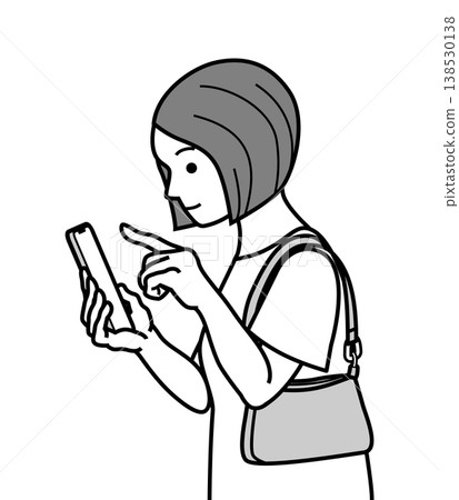 Young woman operating a smartphone with both hands, side view, upper body, shoulder bag, line drawing clipart. 138530138