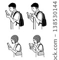 一組使用智慧型手機的男女剪貼畫：單手、雙手、上半身、側視圖、線條藝術。 138530144