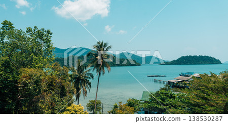 Scenic aerial view of a tropical bay with coconut palm trees and stilt houses in Thailand. Scenic aerial view of a tropical bay with coconut palm trees and stilt houses in Thailand. 138530287