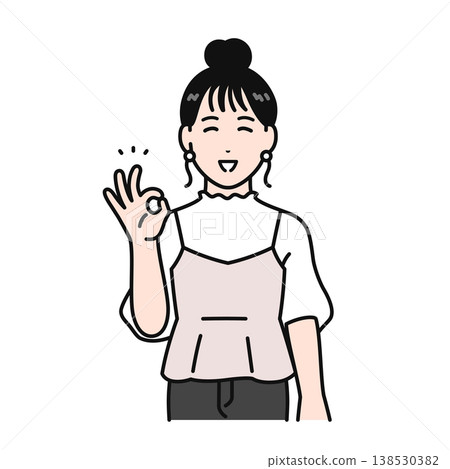一幅簡單的向量插圖,描繪了一位年輕女子,頭髮盤成髮髻,面帶微笑,並做出“OK”手勢。 一幅簡單的向量插圖,描繪了一位年輕女子,頭髮盤成髮髻,面帶微笑,並做出“OK”手勢。 138530382