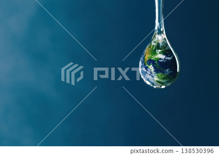 Crystal Clear Water Droplet Floating in Space Representing Earth and Our Planet's Fragility Crystal Clear Water Droplet Floating in Space Representing Earth and Our Planet's Fragility 138530396