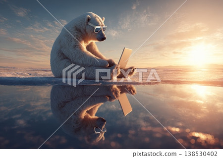 Polar Bear with Sunglasses Working on Laptop by the Water Under Sunset Sky 138530402