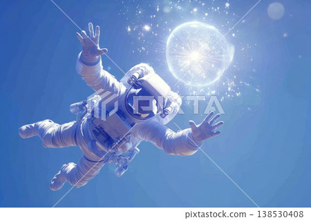 Futuristic Astronaut Reaching Toward Radiant Glowing Sphere in Outer Space 138530408