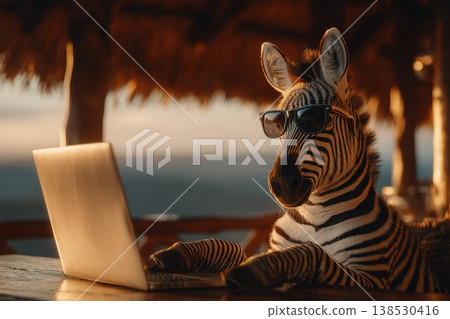 Stylish Zebra Seated at Desk Using Laptop in Open Air Safari Lodge Setting 138530416