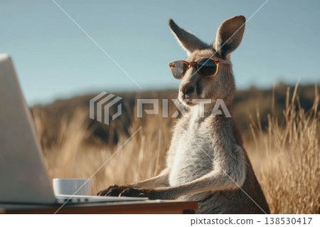 Kangaroo Sitting Upright at Portable Workstation with Laptop in Sunlit Field Kangaroo Sitting Upright at Portable Workstation with Laptop in Sunlit Field 138530417