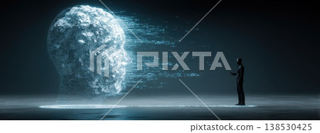Holographic Human Silhouette Analyzing 3D Floating Visual in Dark Atmosphere Holographic Human Silhouette Analyzing 3D Floating Visual in Dark Atmosphere 138530425