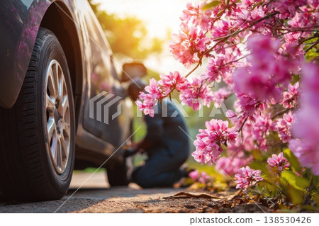 Outdoor Automotive Service Scene with Flowering Trees and Vehicle Near a Beautiful Sunlit Setting Outdoor Automotive Service Scene with Flowering Trees and Vehicle Near a Beautiful Sunlit Setting 138530426