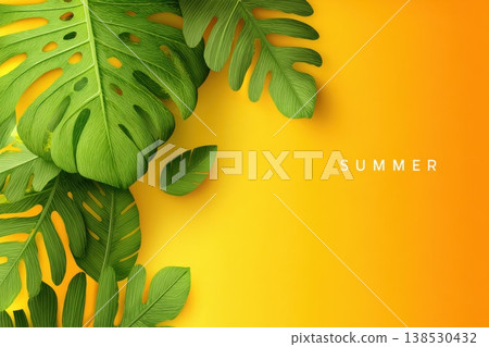 Bright Tropical Summer Sale Banner Design with Green Leaves on Yellow Background Bright Tropical Summer Sale Banner Design with Green Leaves on Yellow Background 138530432