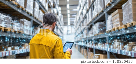 Worker in Modern Warehouse Holding Tablet with Holographic Interface in Industrial Environment 138530433