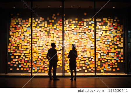 Massive Transparent Glass Wall Covered in Intricate Colorful Notes and Post-It Stickers Display Massive Transparent Glass Wall Covered in Intricate Colorful Notes and Post-It Stickers Display 138530441