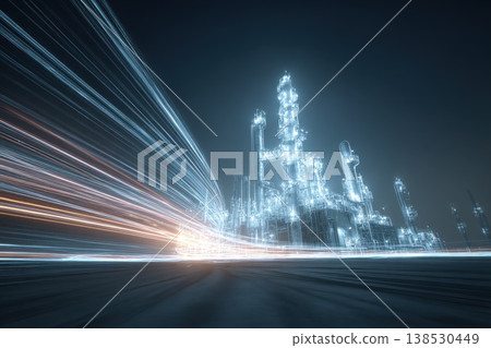 Futuristic Visualization of Complex Industrial Refinery in Neon Light Styles at Night Futuristic Visualization of Complex Industrial Refinery in Neon Light Styles at Night 138530449