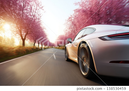 Sleek Car Driving on Dry Road Surrounded by Beautiful Pink Spring Blossom Trees Sleek Car Driving on Dry Road Surrounded by Beautiful Pink Spring Blossom Trees 138530459
