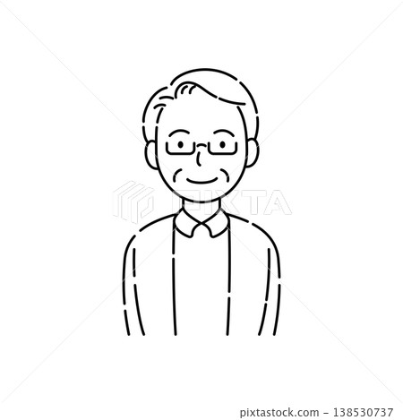 A simple line drawing illustration of a smiling senior man wearing glasses. 138530737
