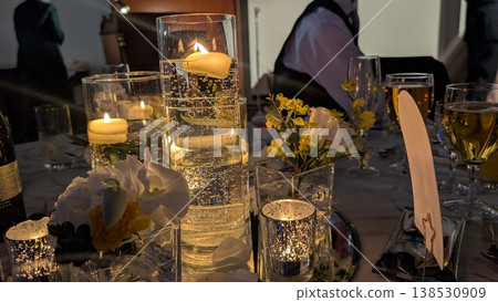 A scene of a wedding reception table with candles lit. 138530909