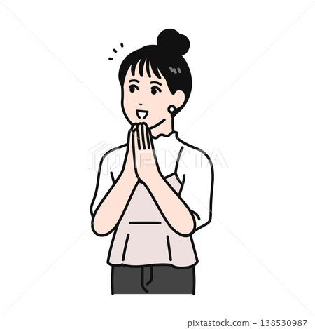 一幅簡單的向量插圖，描繪了一位頭髮盤成髮髻的年輕女子，雙手合十，滿懷讚賞。 138530987